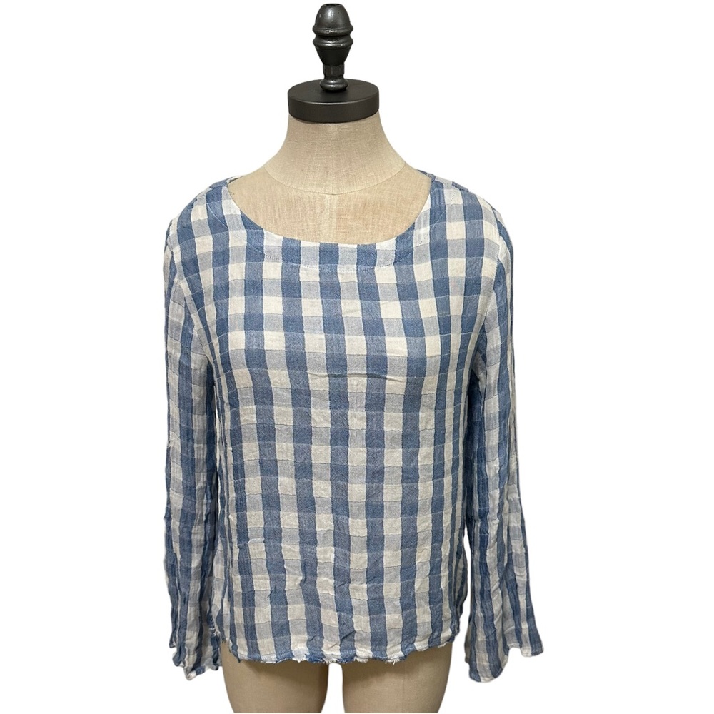 Cloth & Stone Top Women’s XS Blue White Plaid Frayed High Neck Button V-Back